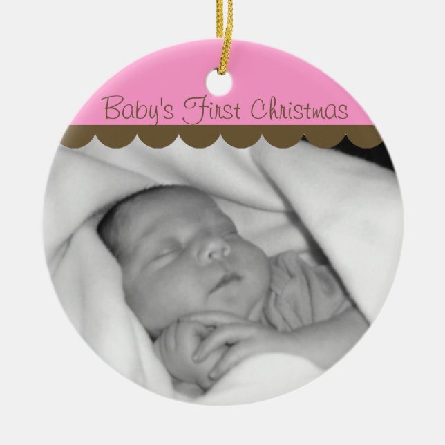 Pink Baby's First Christmas Photo Circle Ornament (Front)