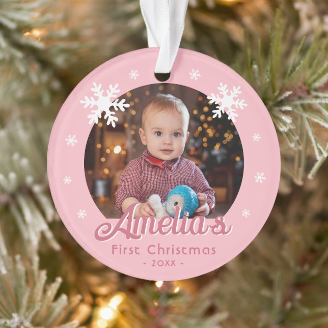 Pink Baby's First Christmas Snowflakes Photo  Ornament (Tree)