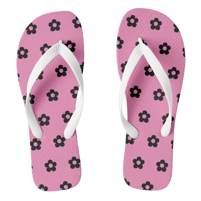 Pink Background Black Colour Flowers Printed-Sanda Flip Flops (Footbed)