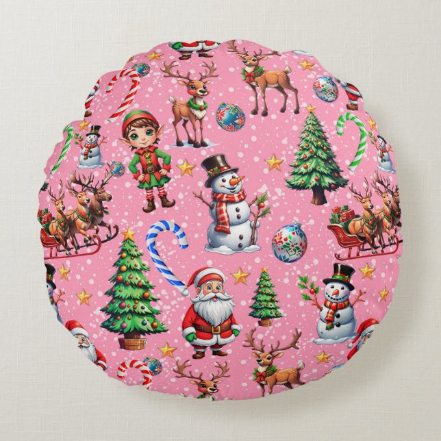 Pink Background Christmas Decorative Pattern Round Pillow (Front)