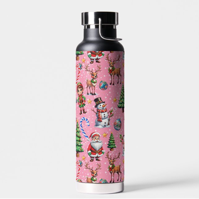 Pink Background Christmas Decorative Pattern Water Bottle (Left)