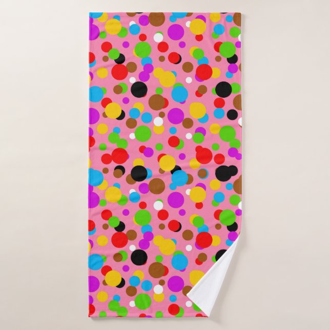 Pink Background Colourful Polka Dots Bath Towel (Bath Towel)