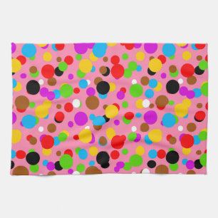 Pink Background Colourful Polka Dots Kitchen Towel