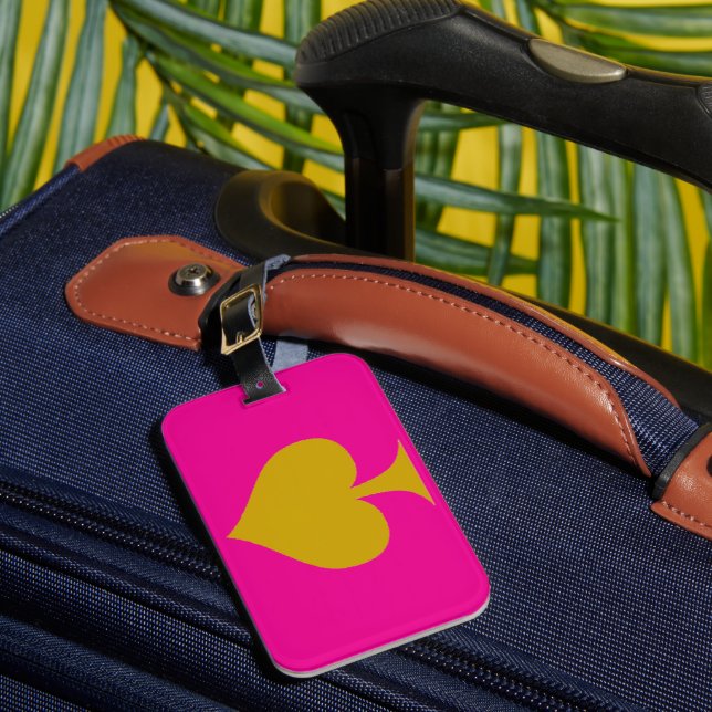 Pink Background design and Gold Spade Luggage Tag (Front Insitu 1)