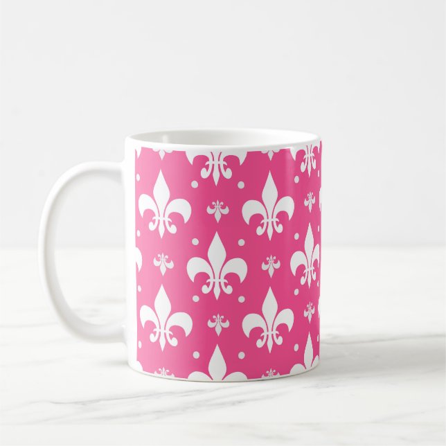 Pink Background Fleur-de-lis Pattern Design  Coffee Mug (Left)