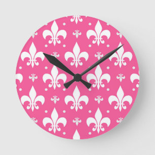 Pink Background Fleur-de-lis Pattern Design  Round Clock