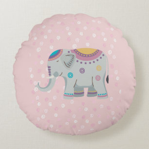 PINK BACKGROUND WITH CUTE INDIAN ELEPHANT ROUND PILLOW