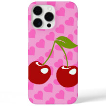 Pink Background with Red Hearts and Two Cherries 