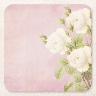 Pink background with White Roses. Square Paper Coaster
