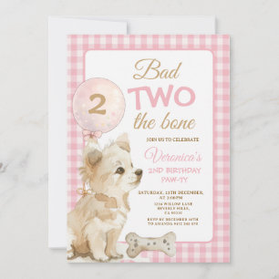 Pink Bad Two the Bone Puppy Birthday Pawty Gingham Invitation