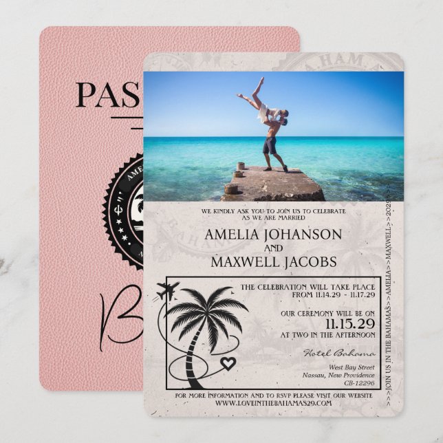 Pink Bahamas Passport Wedding Invitation (Front/Back)