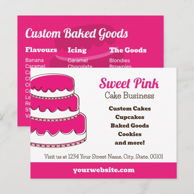 Pink Bakery Postcard with Back Menu Flavours Cakes (Front/Back)