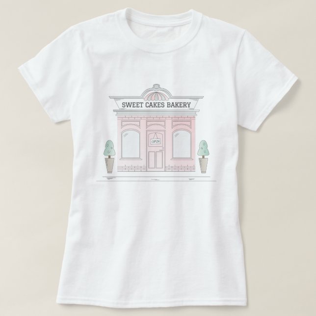 Pink Bakery Shop Illustrated Cafe T-Shirt (Design Front)