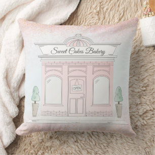 Pink Bakery Shop Storefront Illustration Throw Pillow