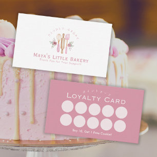 Pink Baking Utensils Watercolor Bakery Loyalty Business Card