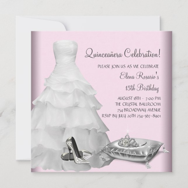 Pink Ball Gown High Heel Shoes Pink Quinceanera Invitation (Front)