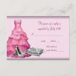 Pink Ball Gown High Heel Shoes Quinceanera RSVP Card