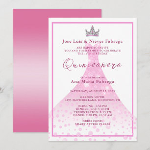 Pink Ball Gown & Tiara Quinceañera Birthday  Invitation