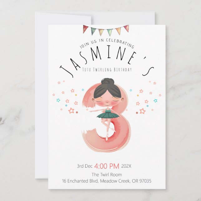 Pink Ballerina 3rd Birthday Girl Invitation (Front)