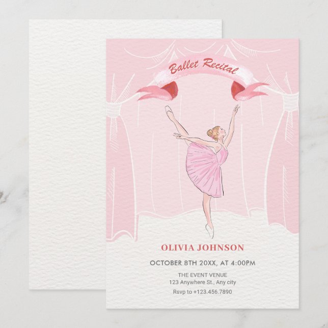 Pink ballerina ballet recital invitation (Front/Back)