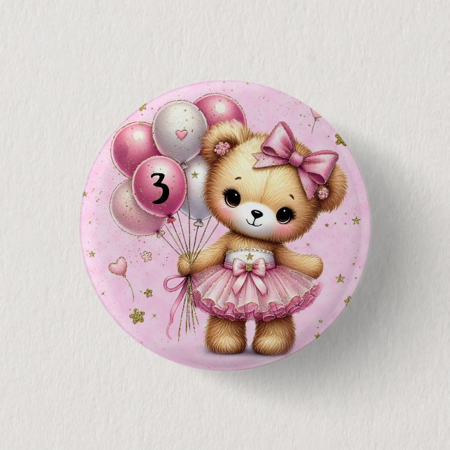 Pink Ballerina Bear Glitter Balloon Birthday Girl 1 Inch Round Button (Front)