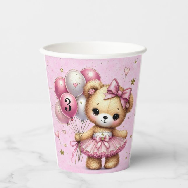 Pink Ballerina Bear Glitter Balloon Birthday Party Paper Cups (Front)