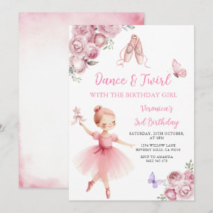 Pink Ballerina Dance & Twirl 3rd Birthday Invitation