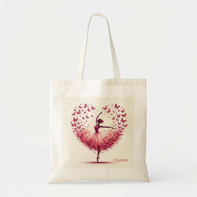 Pink Ballerina Heart Butterflies Custom Name Dance Tote Bag (Front)