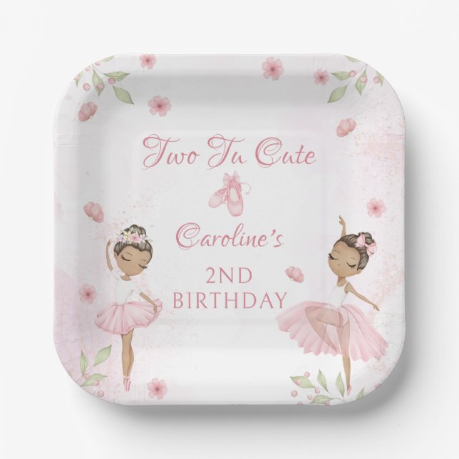  Pink Ballerina Two Tu Cute Birthday Paper Plates (Front)