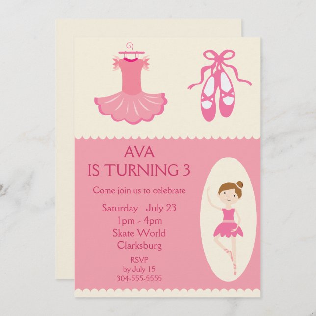 Pink Ballet Dancer Birthday Party Invitation (Front/Back)