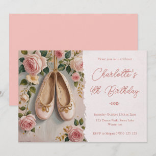 Pink Ballet Shoes & Roses Birthday Invitation