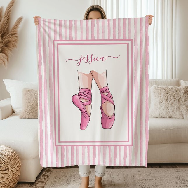 Pink Ballet Shoes with Watercolor Stripes Fleece Blanket (Creator Uploaded)