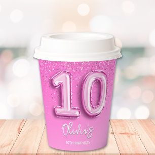 Pink Ballon Birthday girl 10th Paper Cups