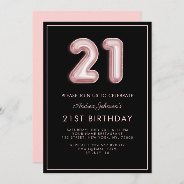 Pink Ballon Number 21st Birthday Frame Minimalist  Invitation (Front/Back)
