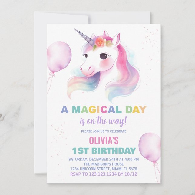 Pink Ballons Unicorn Invitations Anniversaire (Devant)