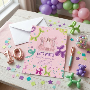 Pink Balloon Animal Photo 10th Birthday Invitation
