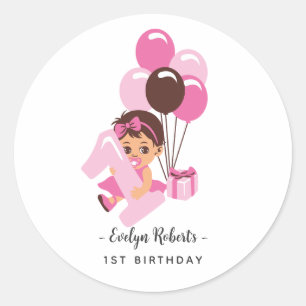 Pink Balloon Baby Girl First Birthday Classic Round Sticker