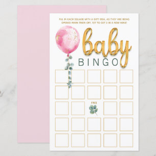 Pink Balloon Baby Shower Bingo Game Card