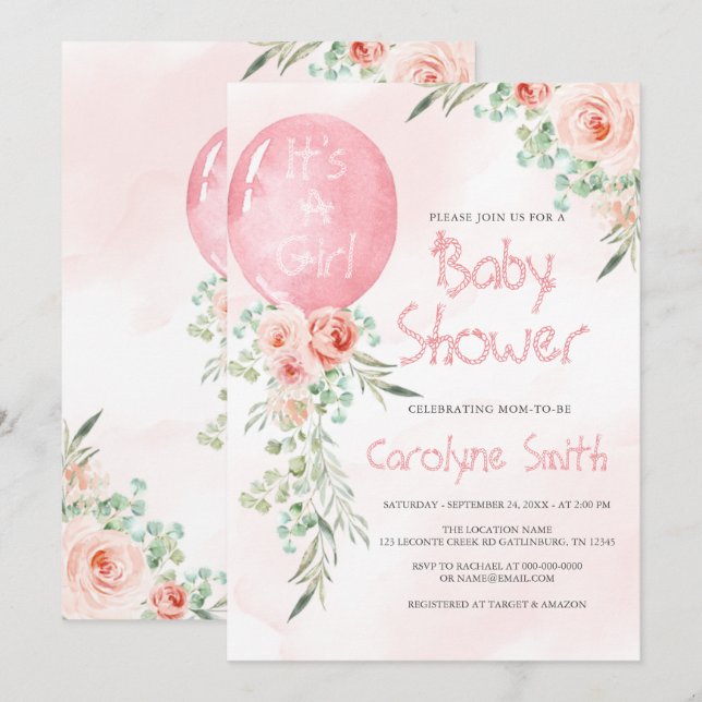 Pink Balloon Baby Shower Invitation (Front/Back)