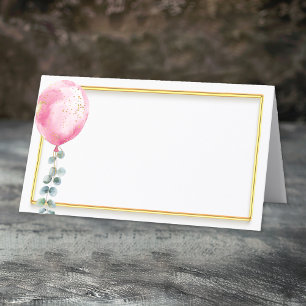 Pink Balloon Baby Shower Place Card   Gold Frame