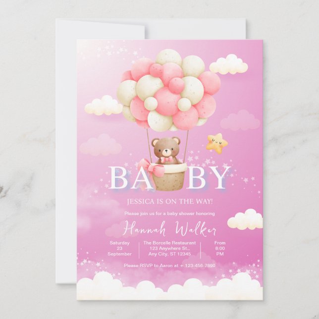 Pink Balloon Bear Baby Shower Invitation (Front)