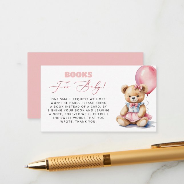 Pink Balloon Bear Books For Baby Girl Baby Shower Enclosure Card (Front/Back In Situ)
