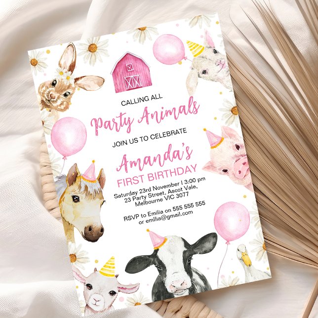 Pink Balloon Daisy Farm Birthday Invitation (Pink Yellow Farm Birthday Invitation Calling All Party Animals Farmyard Oink Baa Moo Farm Birthday)