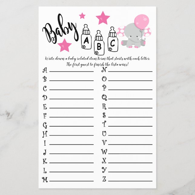 Pink Balloon Elephant Baby ABC Baby Shower Card (Front)