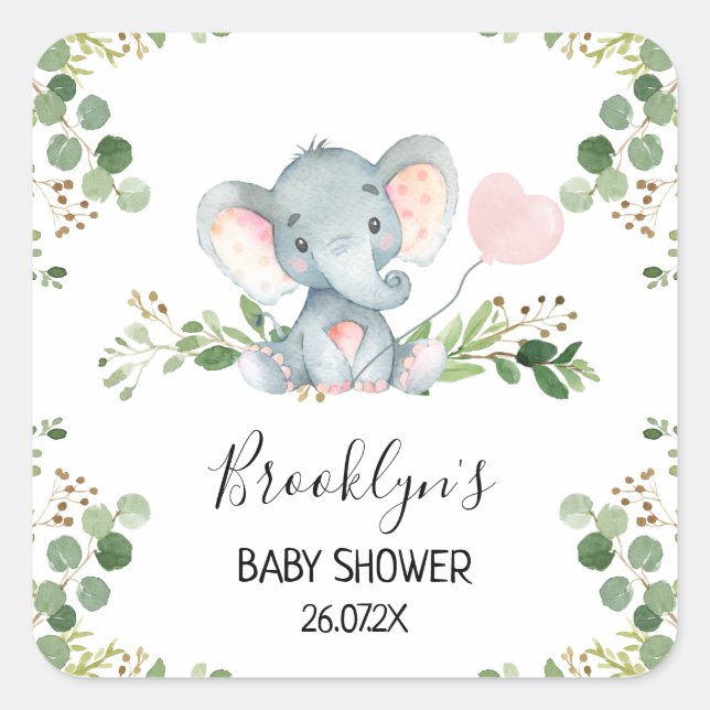 Pink Balloon Elephant Baby Shower Favour Sticker (Front)