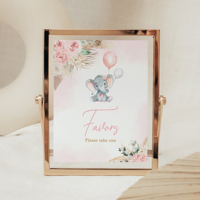 Pink Balloon Elephant Baby Shower Favours Poster (Pink Floral Pampas Grass Elephant Baby Shower Favors Sign)