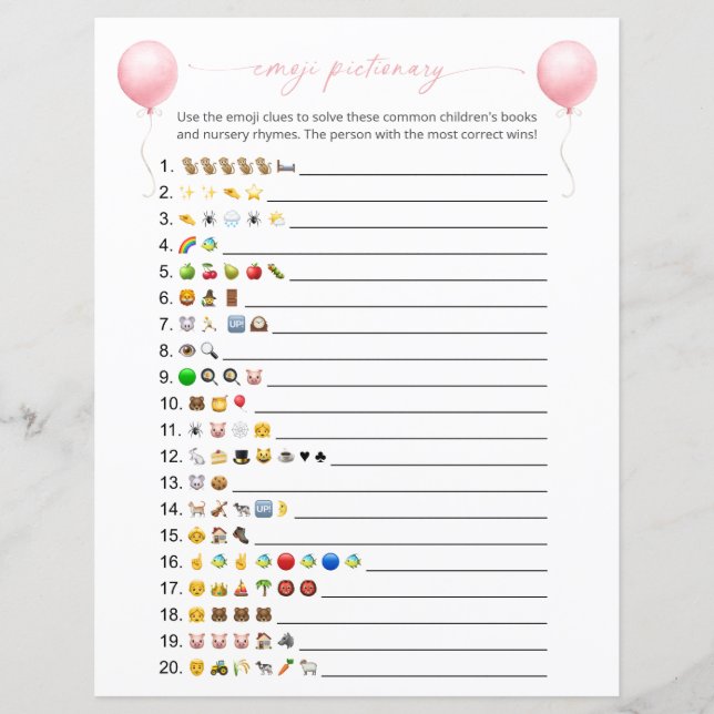 Pink Balloon Emoji Books Baby Shower Game (Front)