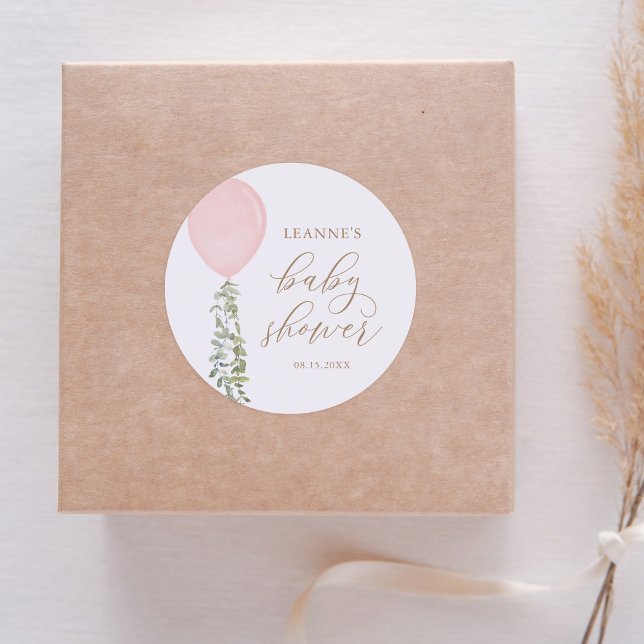 Pink Balloon Eucalyptus Baby Shower Classic Round Sticker (Creator Uploaded)