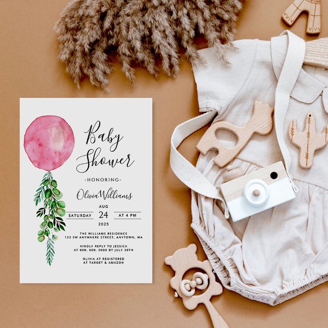 Pink Balloon Eucalyptus Baby Shower Invitation (Creator Uploaded)