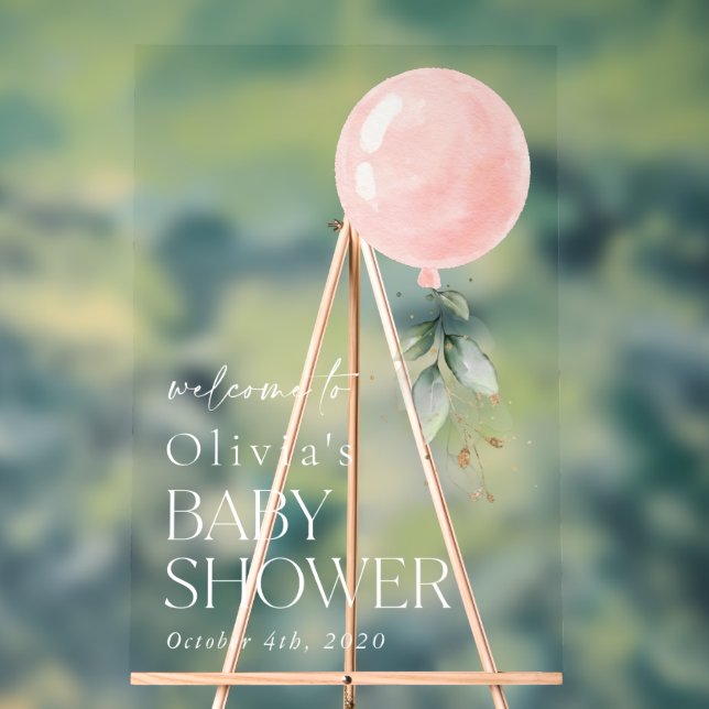 Pink Balloon, Eucalyptus, Baby Shower Welcome Acrylic Sign (Neutral)